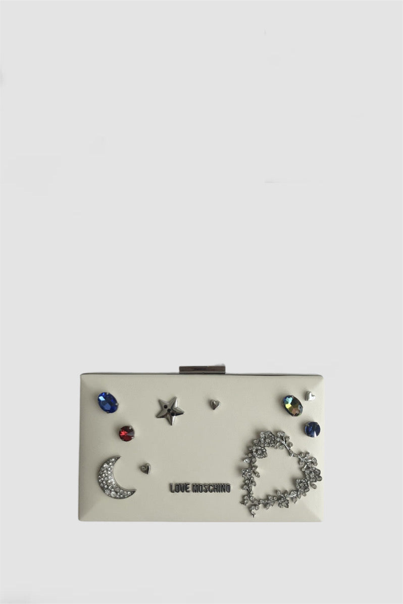 Love Moschino Clutch con borchie vista frontale variante colore bianco