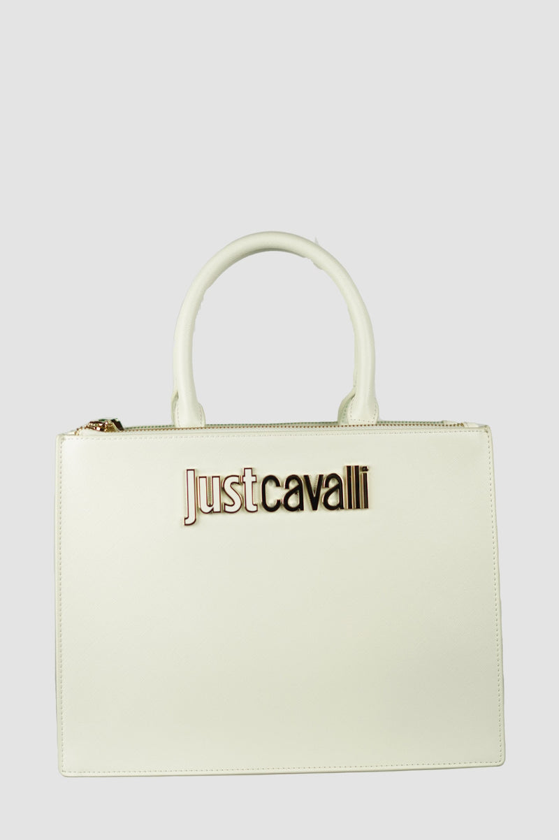 Just Cavalli Tote Bag Saffiano Logo Metallico vista frontale variante colore bianco