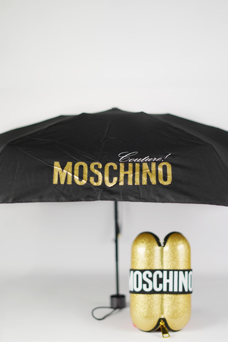 Mini ombrello logo glitter vista frontale aperto variante colore oro con cover aperta