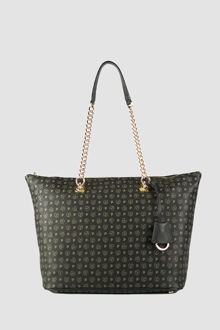 Pollini Shopping bag con doppio manico vista frontale con manici a catena inseriti variante colore nero